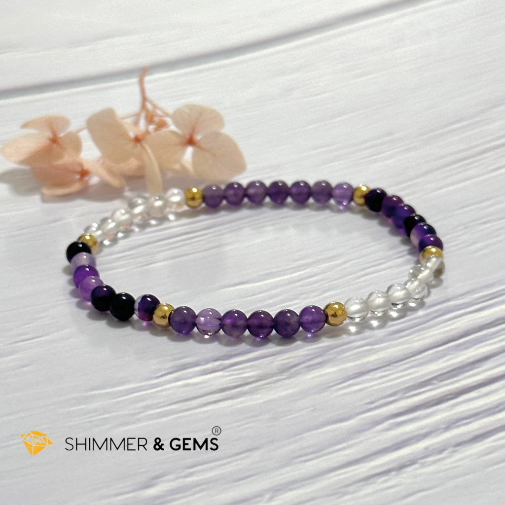 Crown Chakra Positivity Remedy Bracelet 4mm with stainless steel beads (Amethyst, Clear Quartz & Purple Agate)