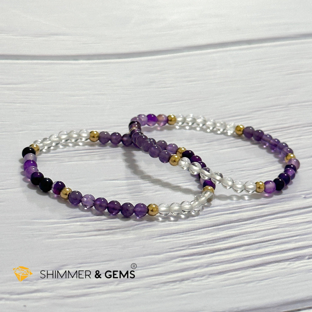 Crown Chakra Positivity Remedy Bracelet 4mm with stainless steel beads (Amethyst, Clear Quartz & Purple Agate)