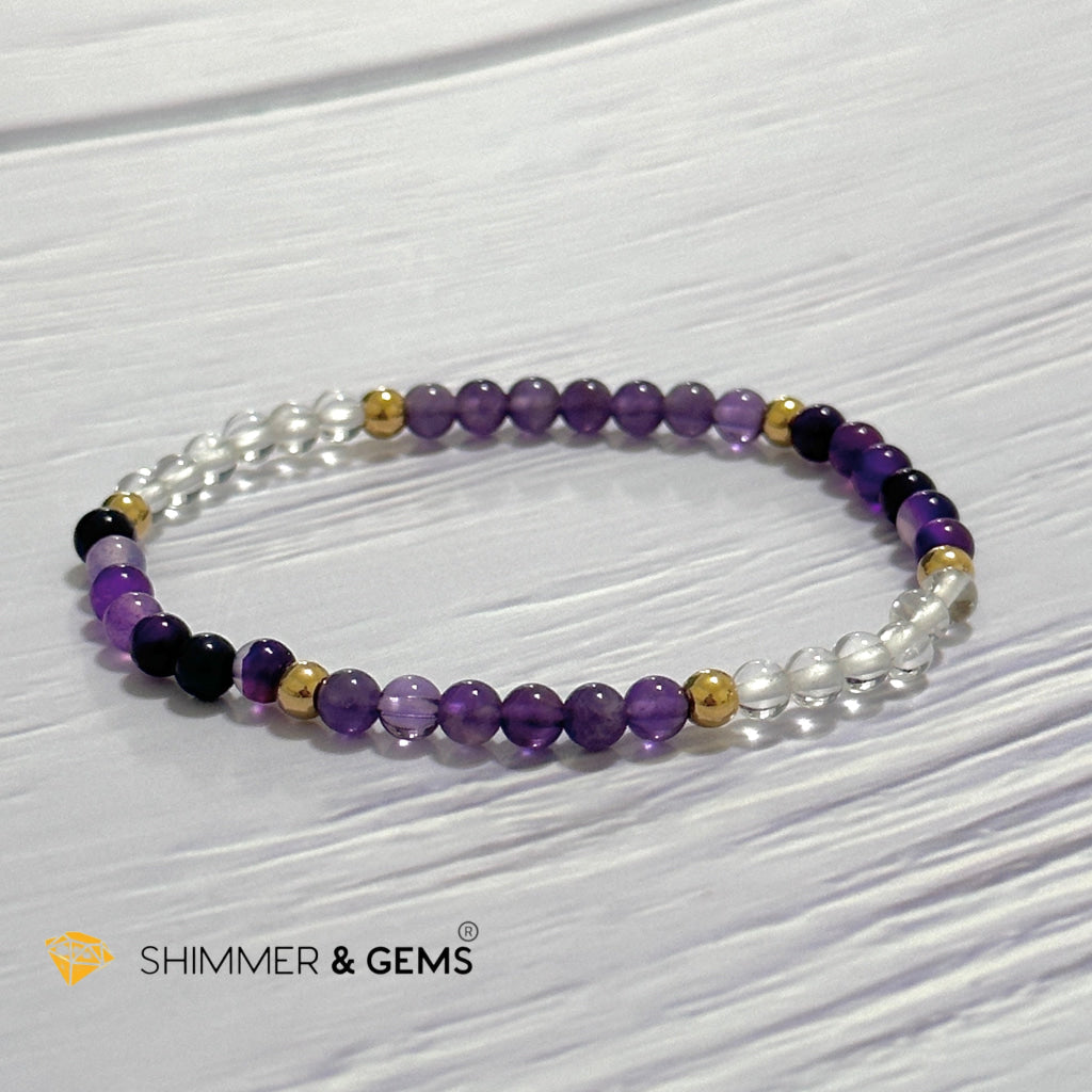 Crown Chakra Positivity Remedy Bracelet 4mm with stainless steel beads (Amethyst, Clear Quartz & Purple Agate)