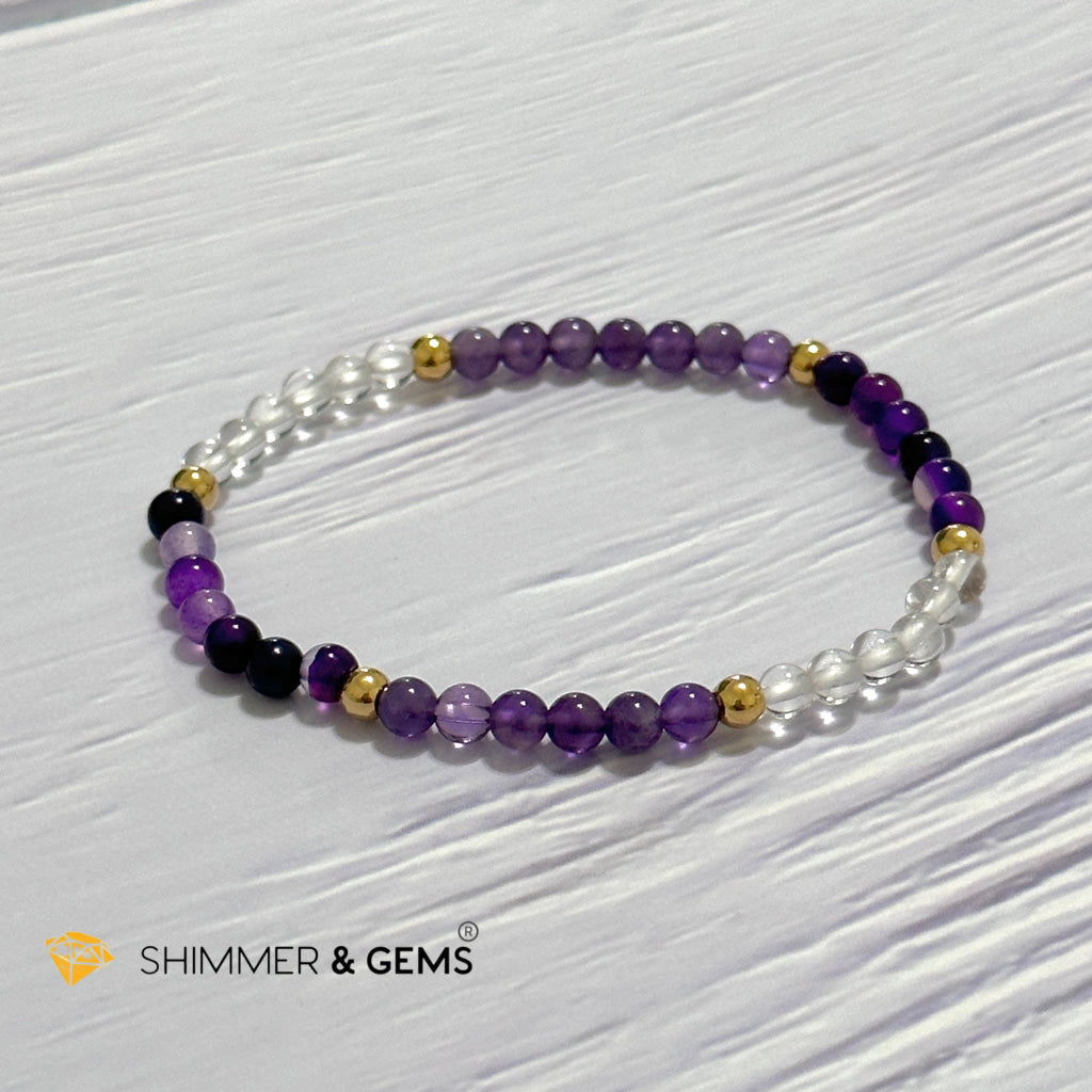 Crown Chakra Positivity Remedy Bracelet 4mm with stainless steel beads (Amethyst, Clear Quartz & Purple Agate)