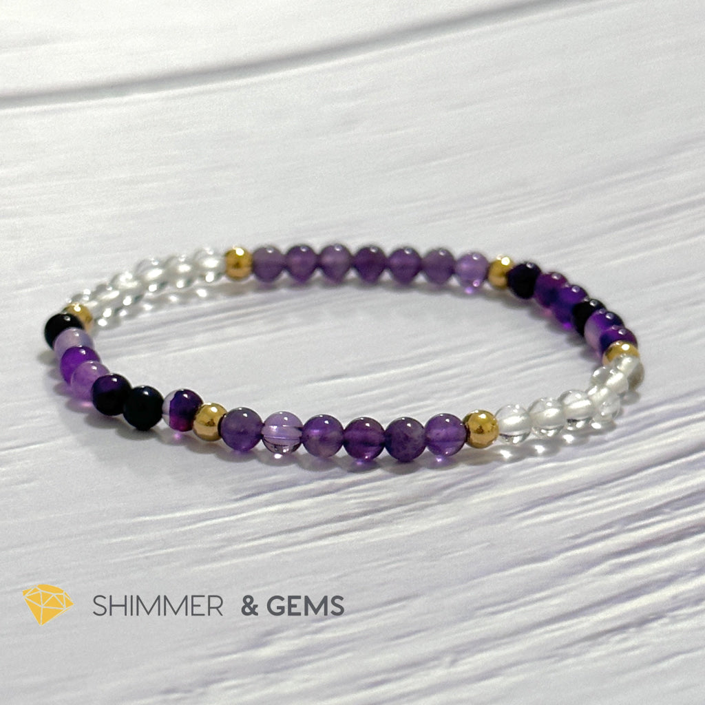 Crown Chakra Positivity Remedy Bracelet 4mm with stainless steel beads (Amethyst, Clear Quartz & Purple Agate)