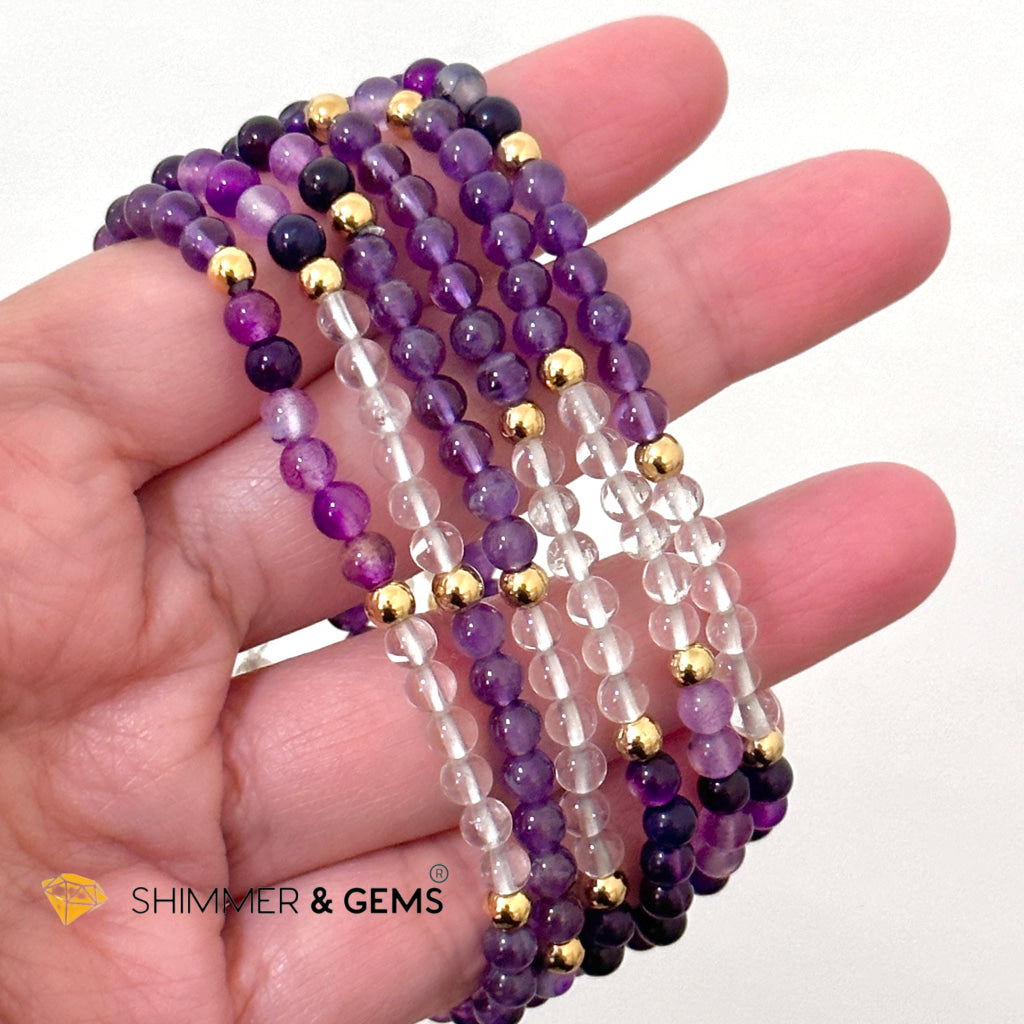 Crown Chakra Positivity Remedy Bracelet 4mm with stainless steel beads (Amethyst, Clear Quartz & Purple Agate)