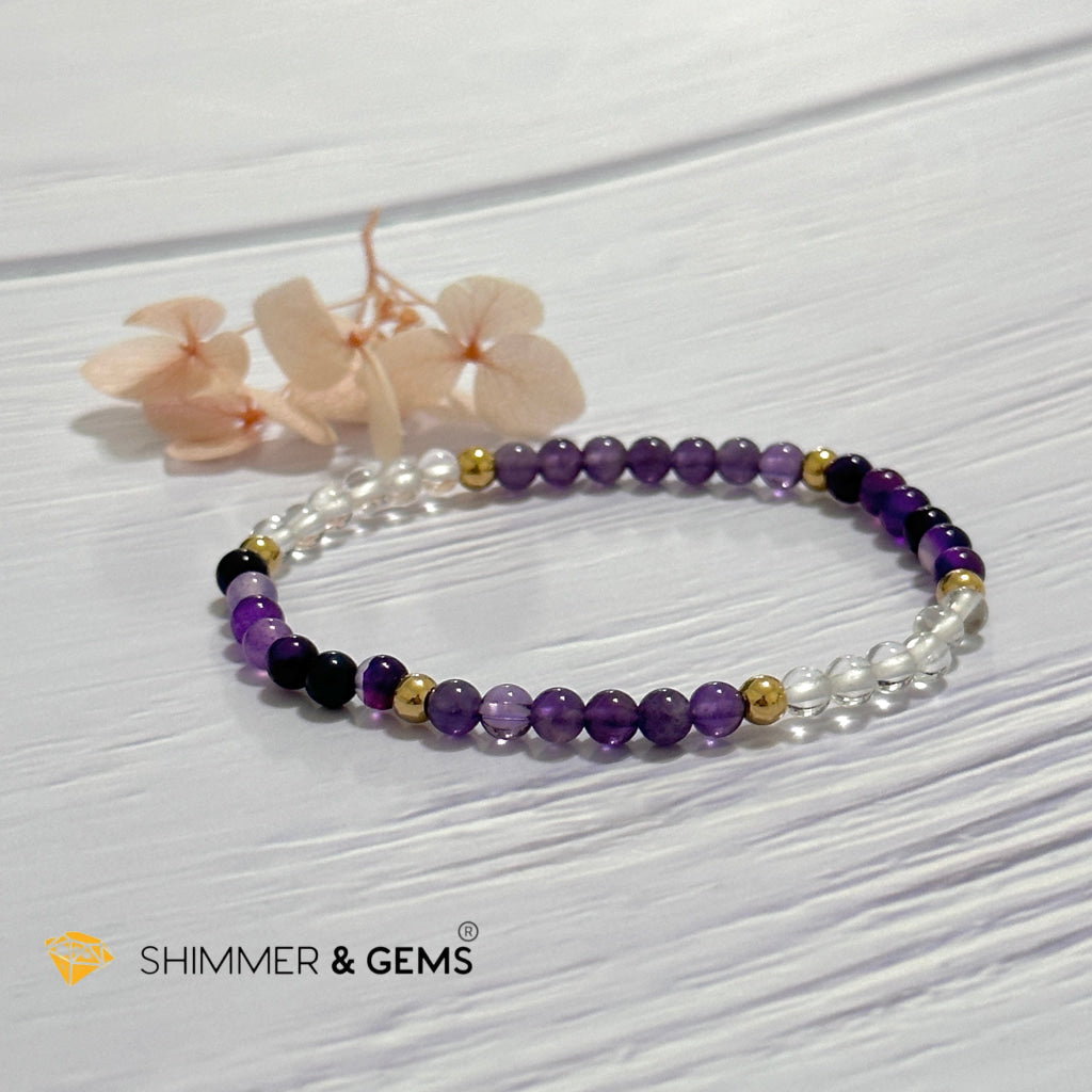 Crown Chakra Positivity Remedy Bracelet 4mm with stainless steel beads (Amethyst, Clear Quartz & Purple Agate)