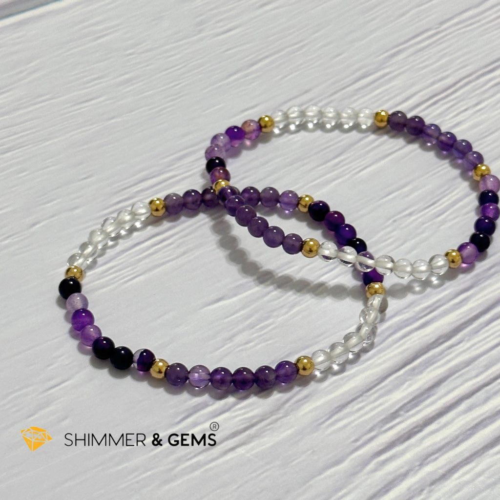 Crown Chakra Positivity Remedy Bracelet 4mm with stainless steel beads (Amethyst, Clear Quartz & Purple Agate)