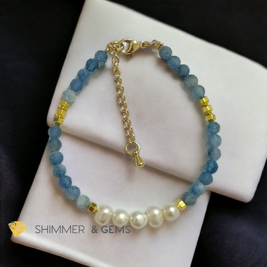 Deep Blue Aquamarine and Pearl Beads Bracelet with Hematite Beads & Stainless Steel Clasps