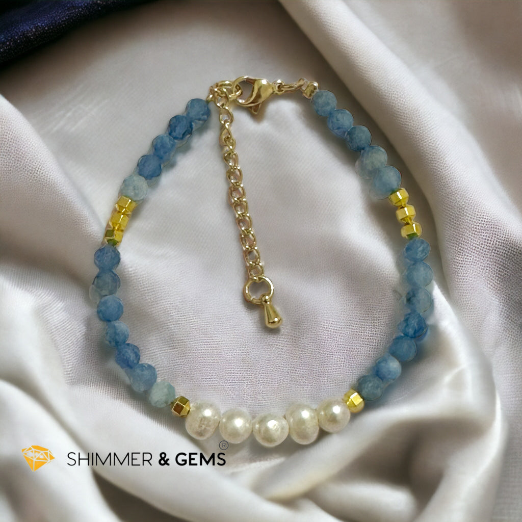 Deep Blue Aquamarine and Pearl Beads Bracelet with Hematite Beads & Stainless Steel Clasps