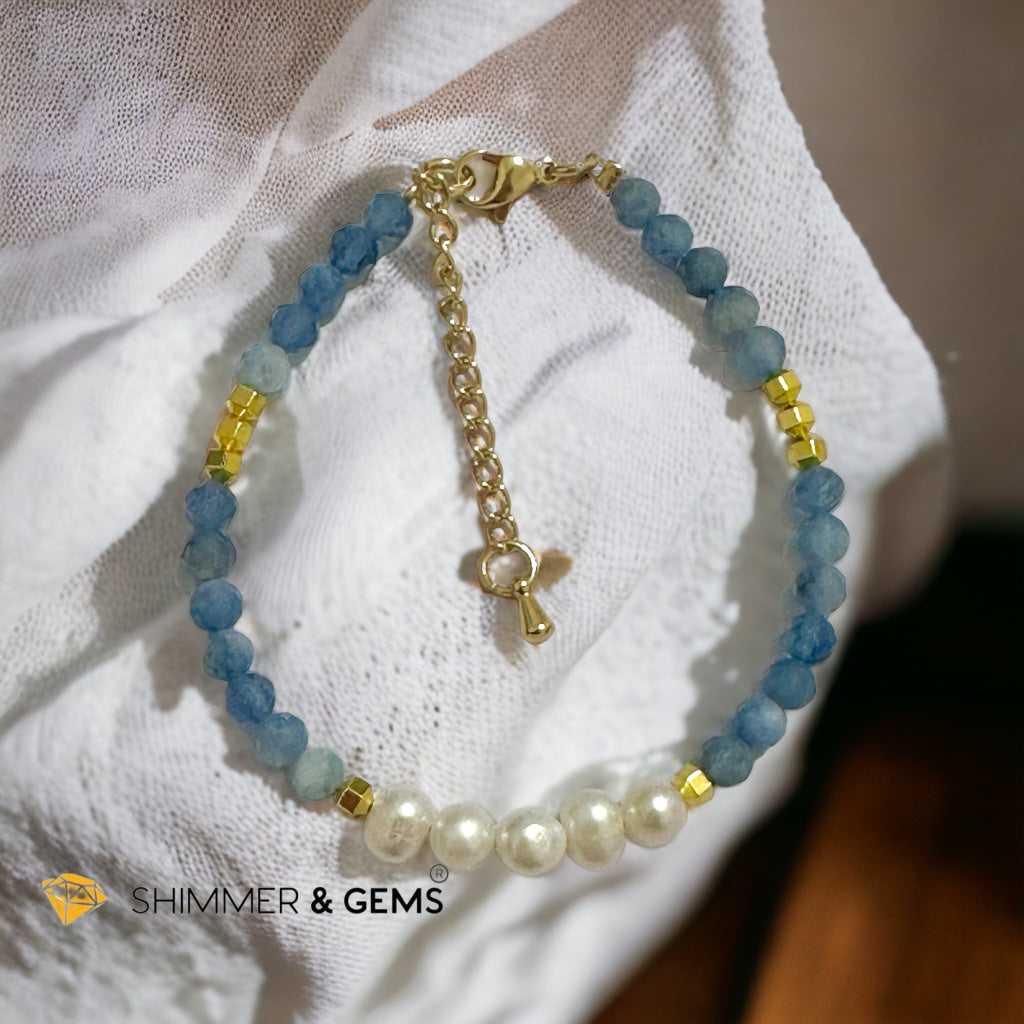 Deep Blue Aquamarine and Pearl Beads Bracelet with Hematite Beads & Stainless Steel Clasps