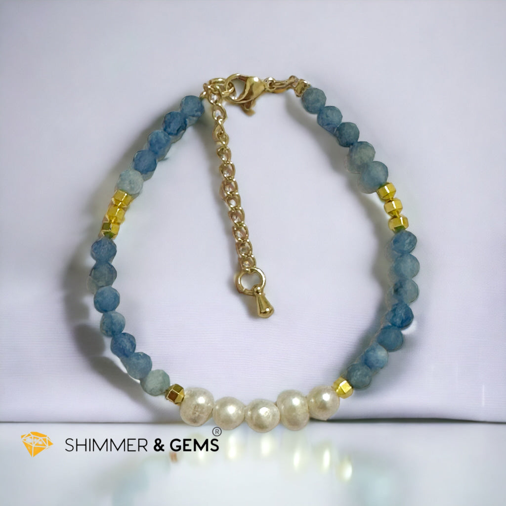 Deep Blue Aquamarine and Pearl Beads Bracelet with Hematite Beads & Stainless Steel Clasps