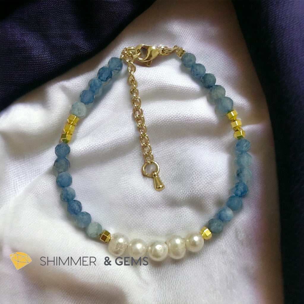 Deep Blue Aquamarine and Pearl Beads Bracelet with Hematite Beads & Stainless Steel Clasps