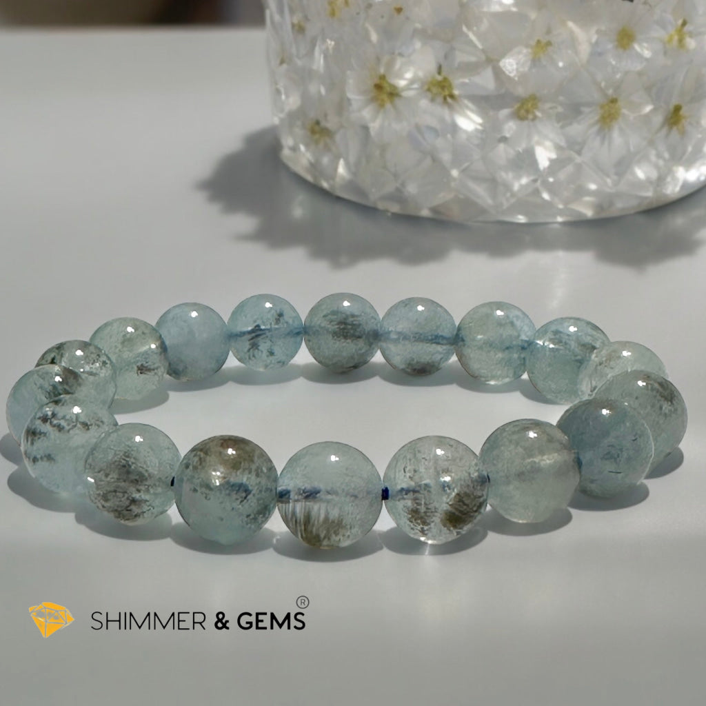 Devil Blue Aquamarine 11-12mm Bracelet (Black Quartz & Aquamarine) (Brazil) AA Grade