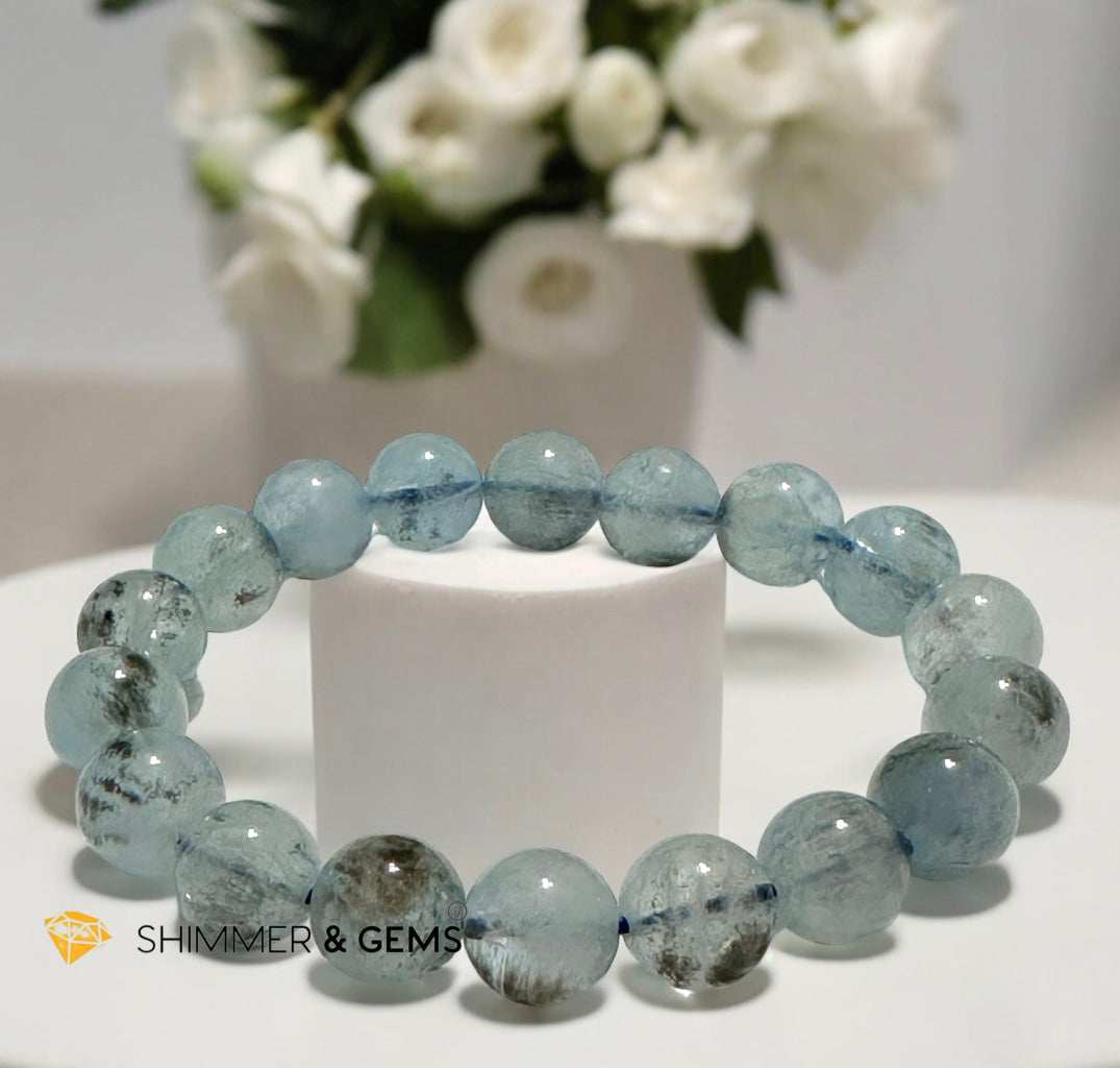 Devil Blue Aquamarine 11-12mm Bracelet (Black Quartz & Aquamarine) (Brazil) AA Grade