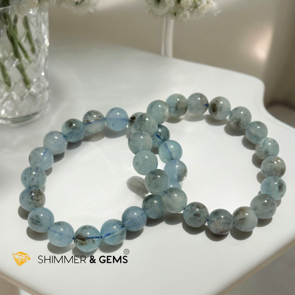 Devil Blue Aquamarine 11-12mm Bracelet (Black Quartz & Aquamarine) (Brazil) AA Grade