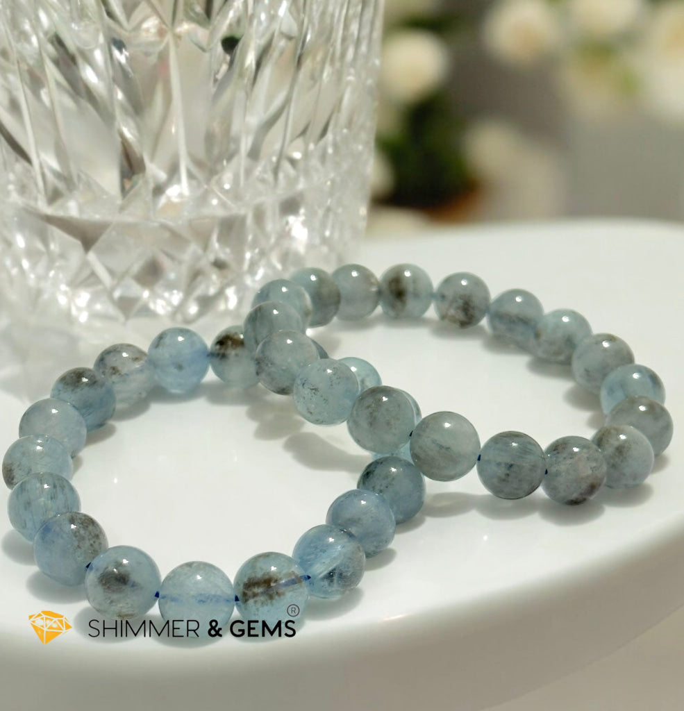 Devil Blue Aquamarine 11-12mm Bracelet (Black Quartz & Aquamarine) (Brazil) AA Grade