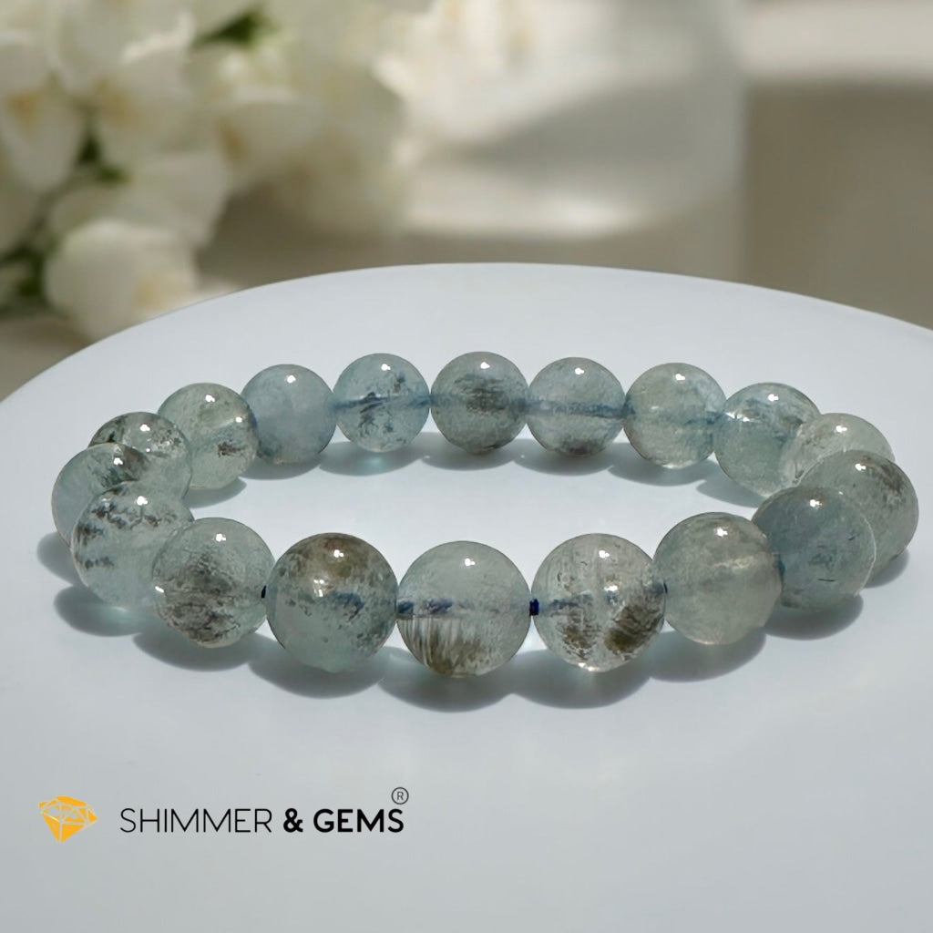 Devil Blue Aquamarine 11-12mm Bracelet (Black Quartz & Aquamarine) (Brazil) AA Grade