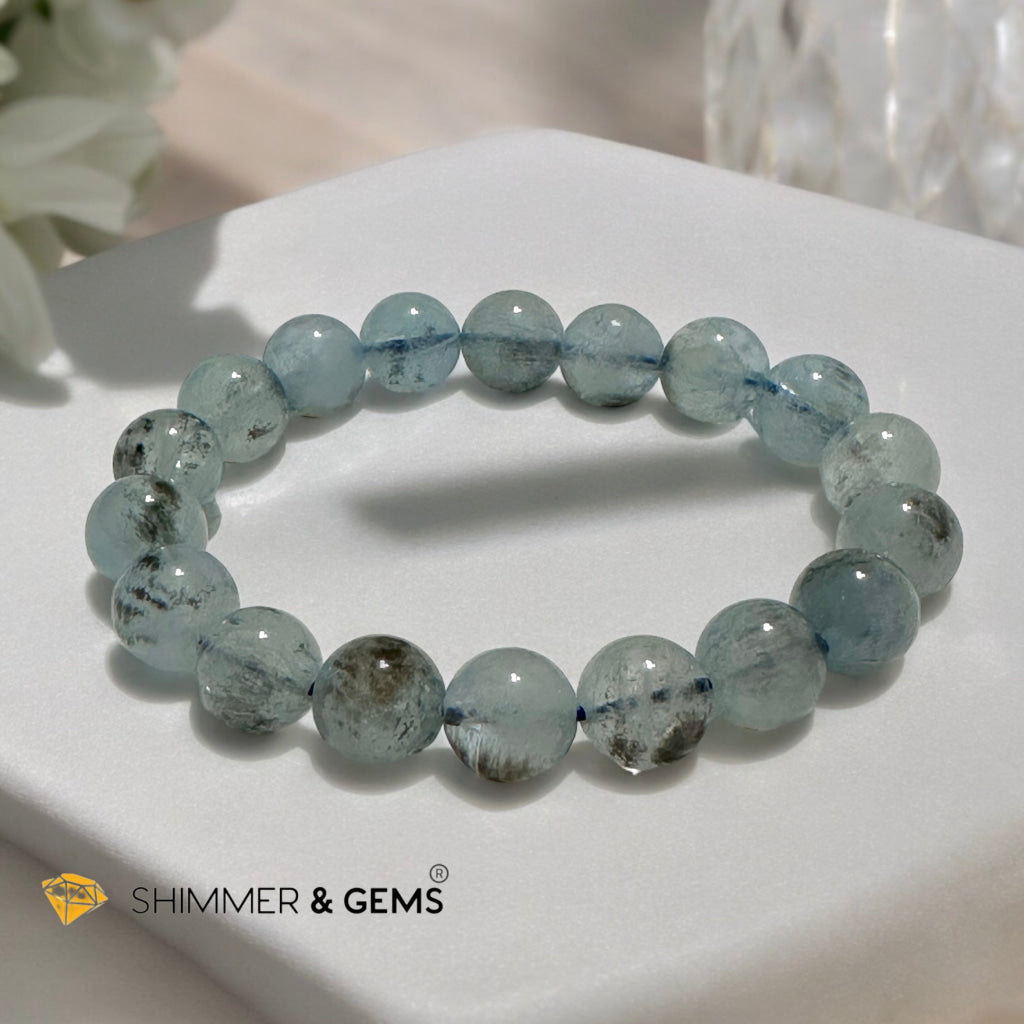 Devil Blue Aquamarine 11-12mm Bracelet (Black Quartz & Aquamarine) (Brazil) AA Grade