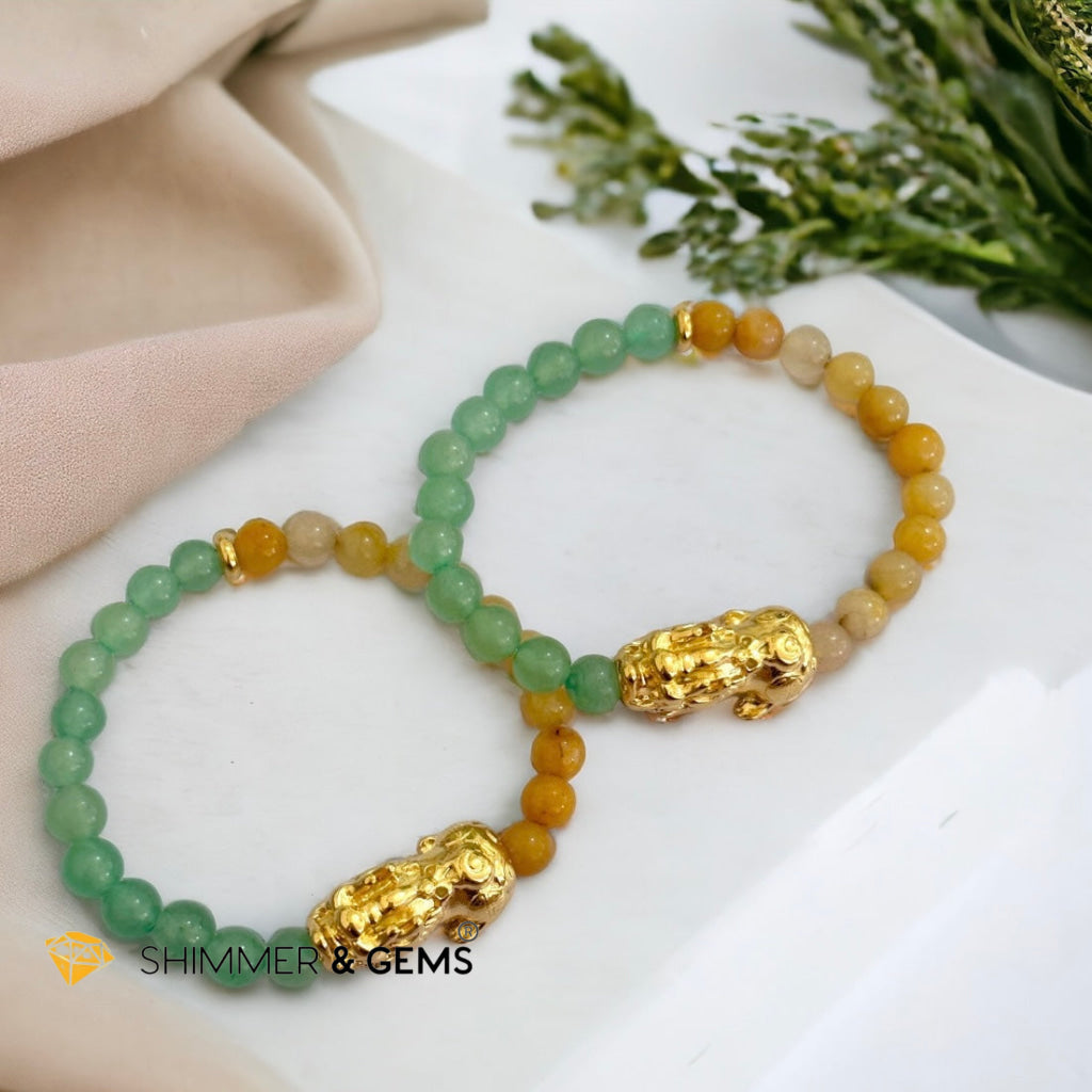 Double Good Luck Pixiu Bracelet (Stainless Steel) Aventurine and Yellow Jade 6mm