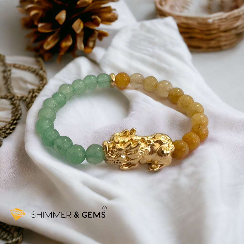 Double Good Luck Pixiu Bracelet (Stainless Steel) Aventurine and Yellow Jade 6mm