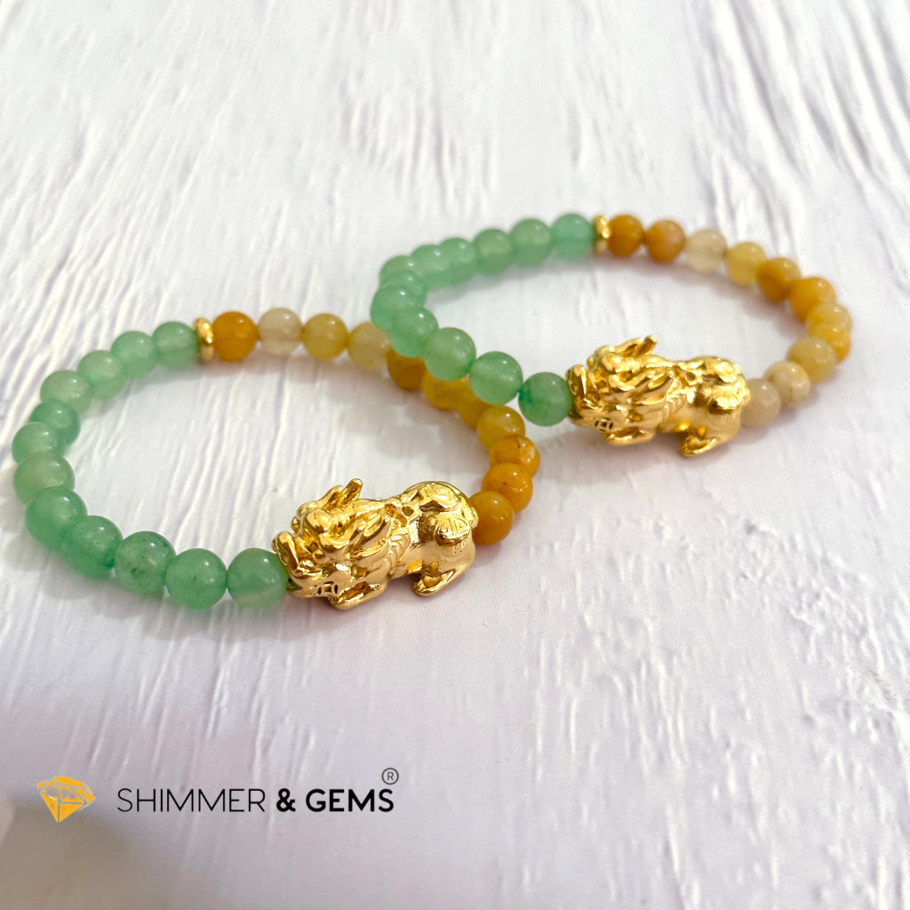 Double Good Luck Pixiu Bracelet (Stainless Steel) Aventurine and Yellow Jade 6mm