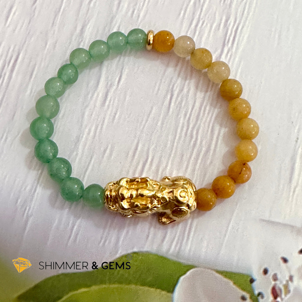Double Good Luck Pixiu Bracelet (Stainless Steel) Aventurine and Yellow Jade 6mm