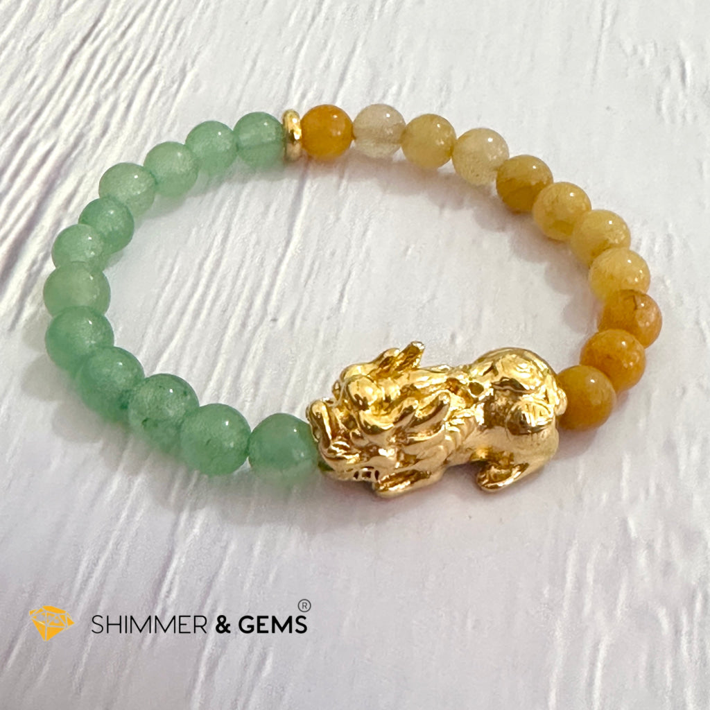 Double Good Luck Pixiu Bracelet (Stainless Steel) Aventurine and Yellow Jade 6mm