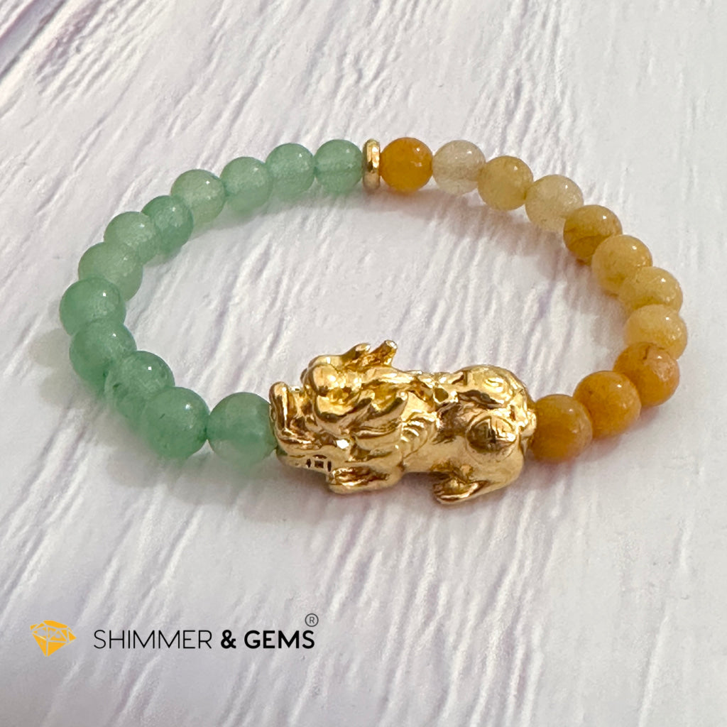 Double Good Luck Pixiu Bracelet (Stainless Steel) Aventurine and Yellow Jade 6mm