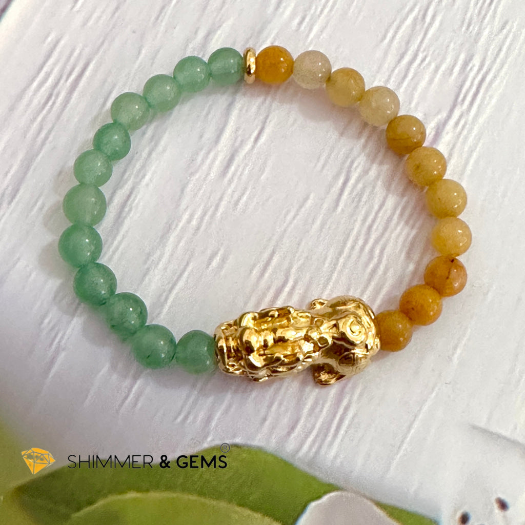 Double Good Luck Pixiu Bracelet (Stainless Steel) Aventurine and Yellow Jade 6mm