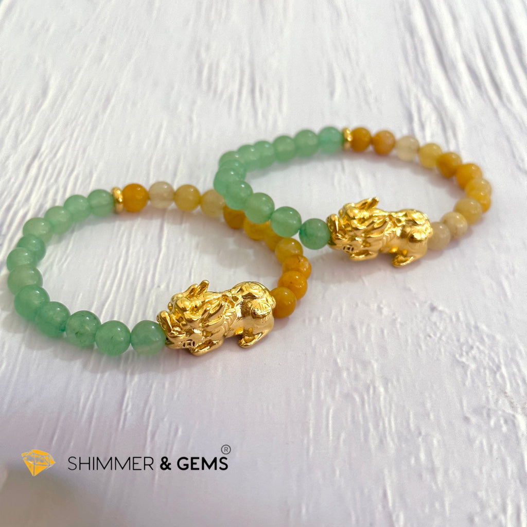 Double Good Luck Pixiu Bracelet (Stainless Steel) Aventurine and Yellow Jade 6mm