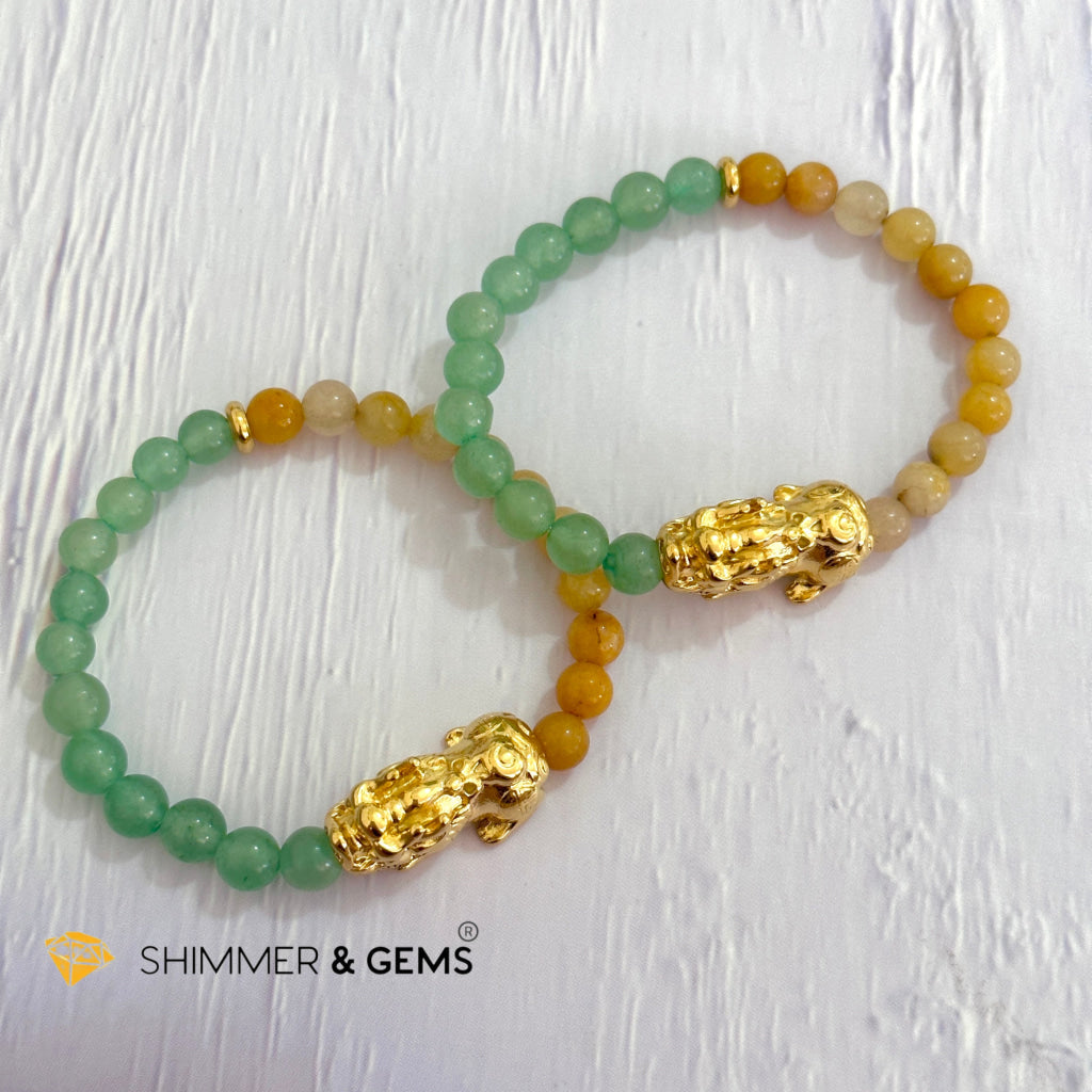 Double Good Luck Pixiu Bracelet (Stainless Steel) Aventurine and Yellow Jade 6mm