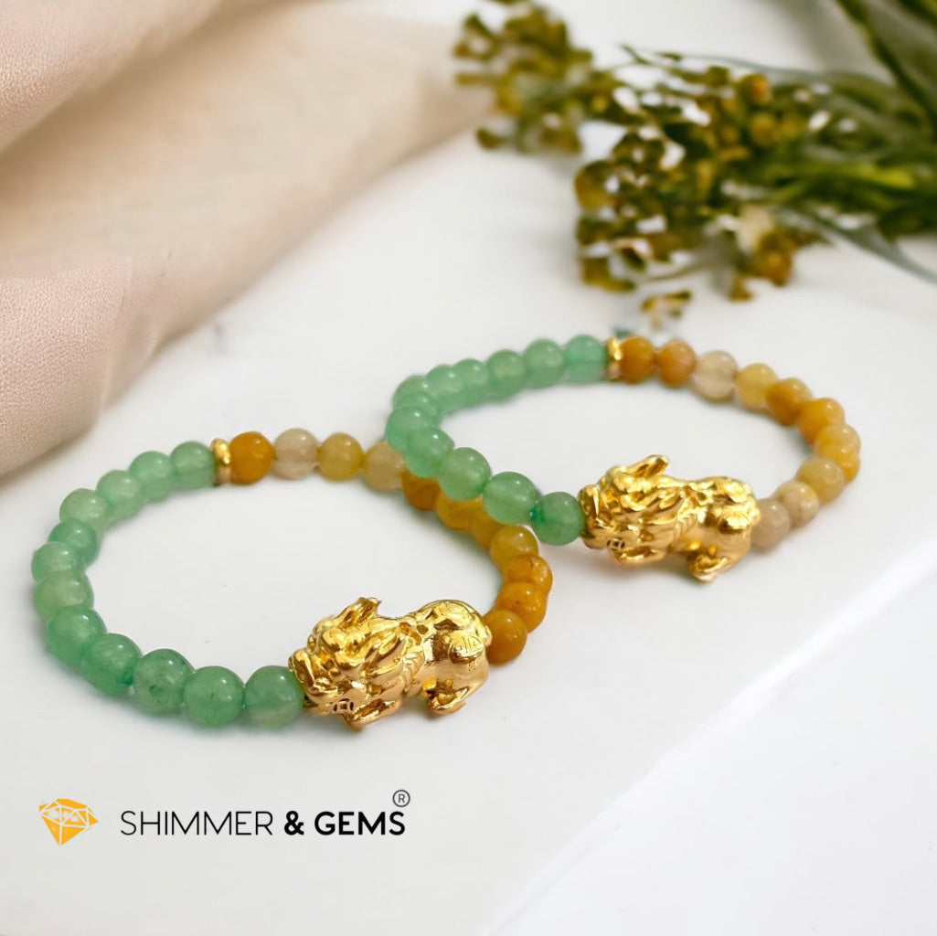 Double Good Luck Pixiu Bracelet (Stainless Steel) Aventurine and Yellow Jade 6mm
