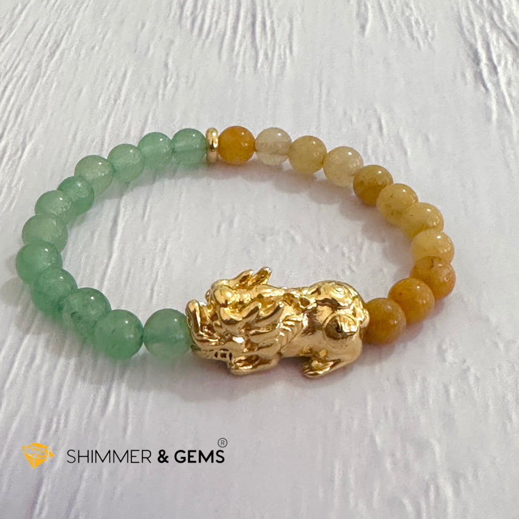 Double Good Luck Pixiu Bracelet (Stainless Steel) Aventurine and Yellow Jade 6mm