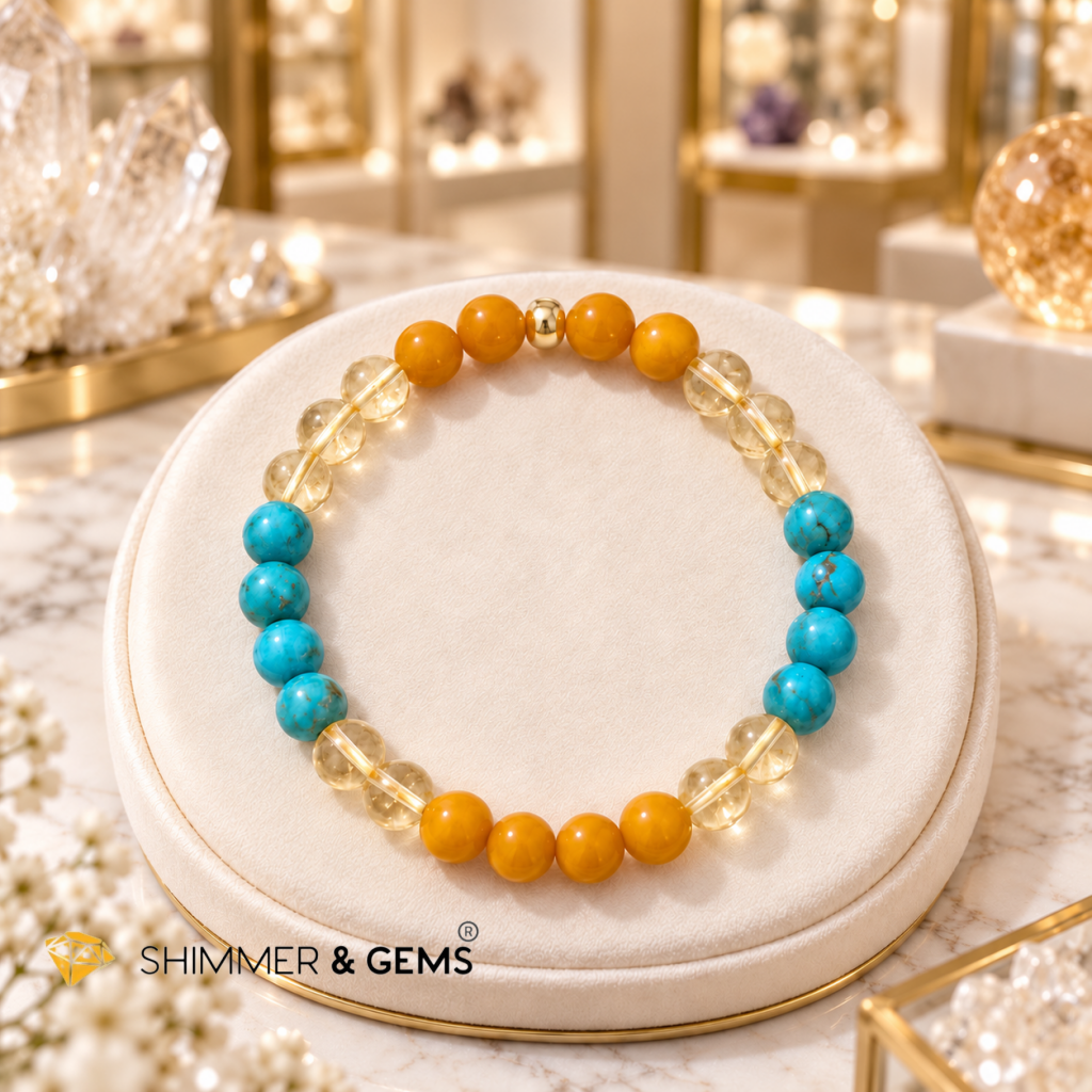 Elite Wealth Bracelet (6mm Turquoise, Butter Amber & Citrine) Attuned with Let’s Be Rich Code by Audrey