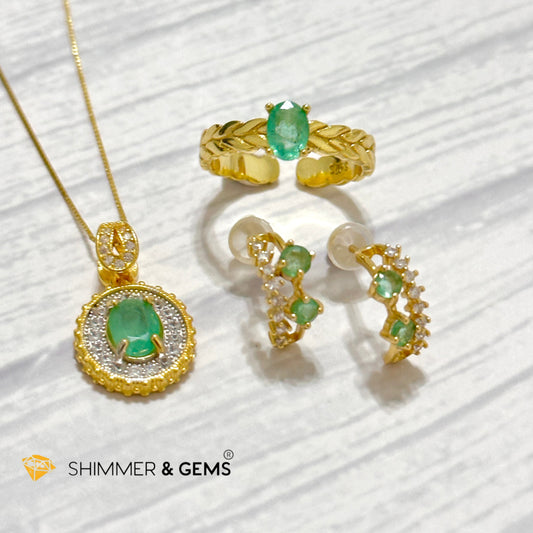 Emerald Jewelry Set (Ring, Earrings, Necklace) 925 Silver Gold Plated