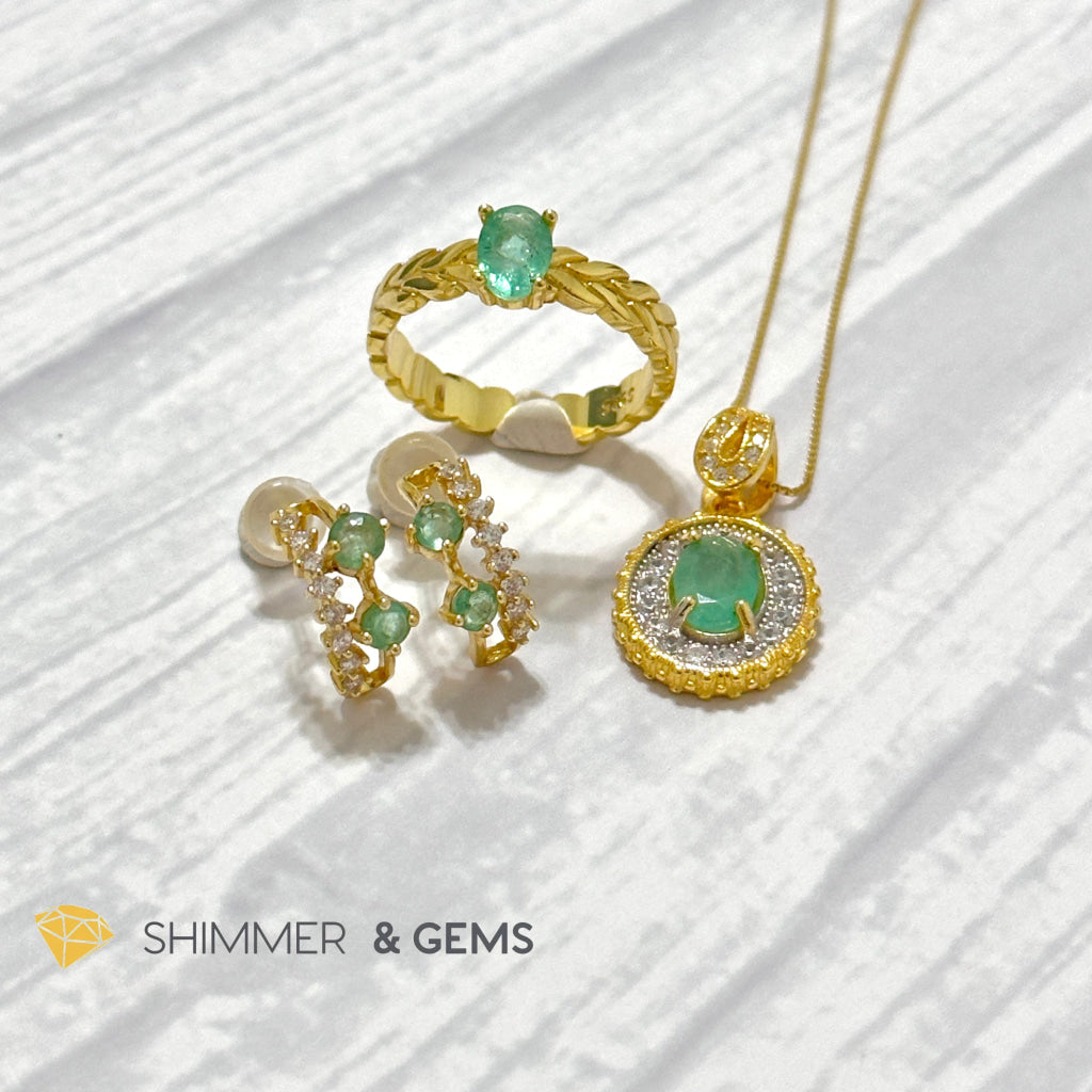 Emerald Jewelry Set (Ring, Earrings, Necklace) 925 Silver Gold Plated