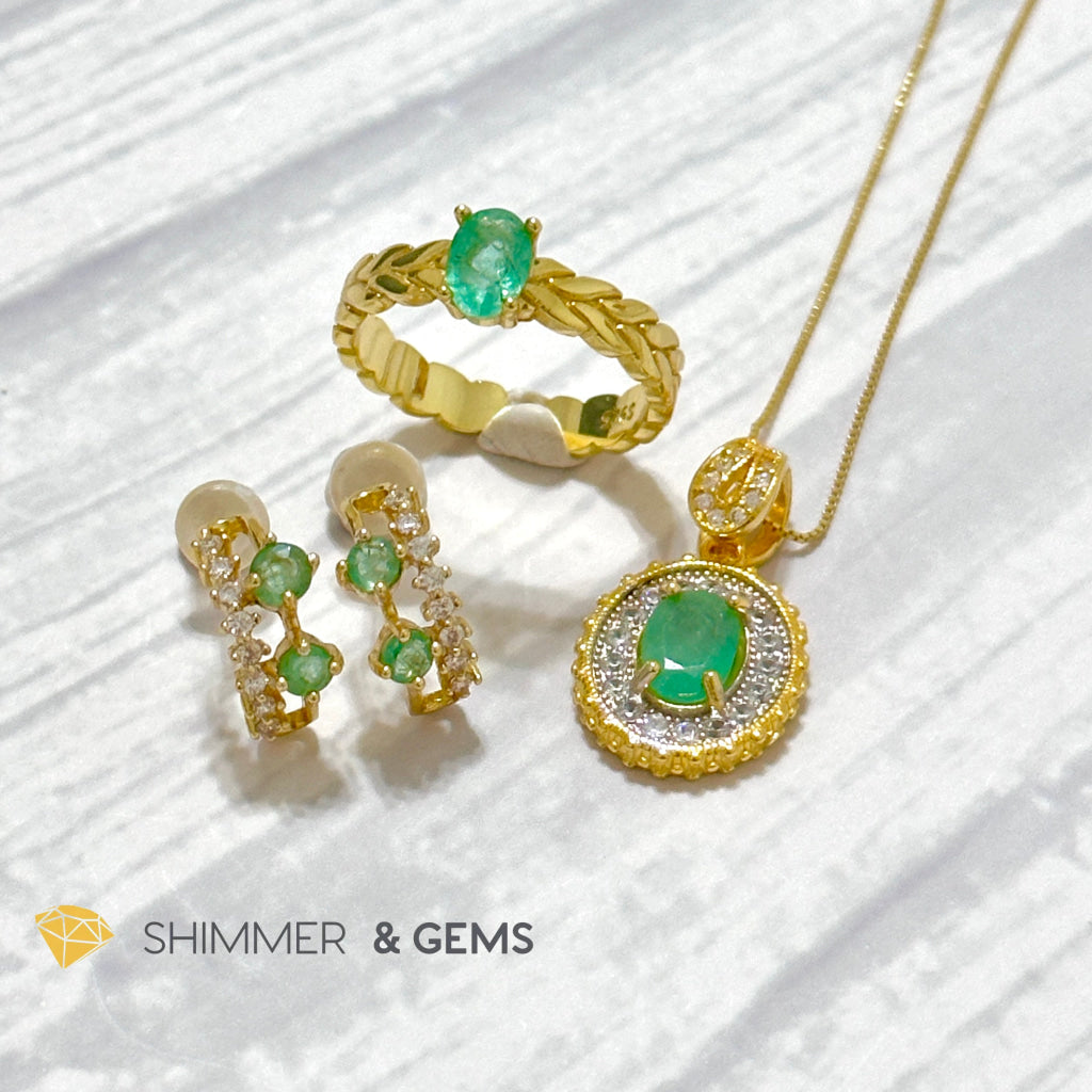 Emerald Jewelry Set (Ring, Earrings, Necklace) 925 Silver Gold Plated