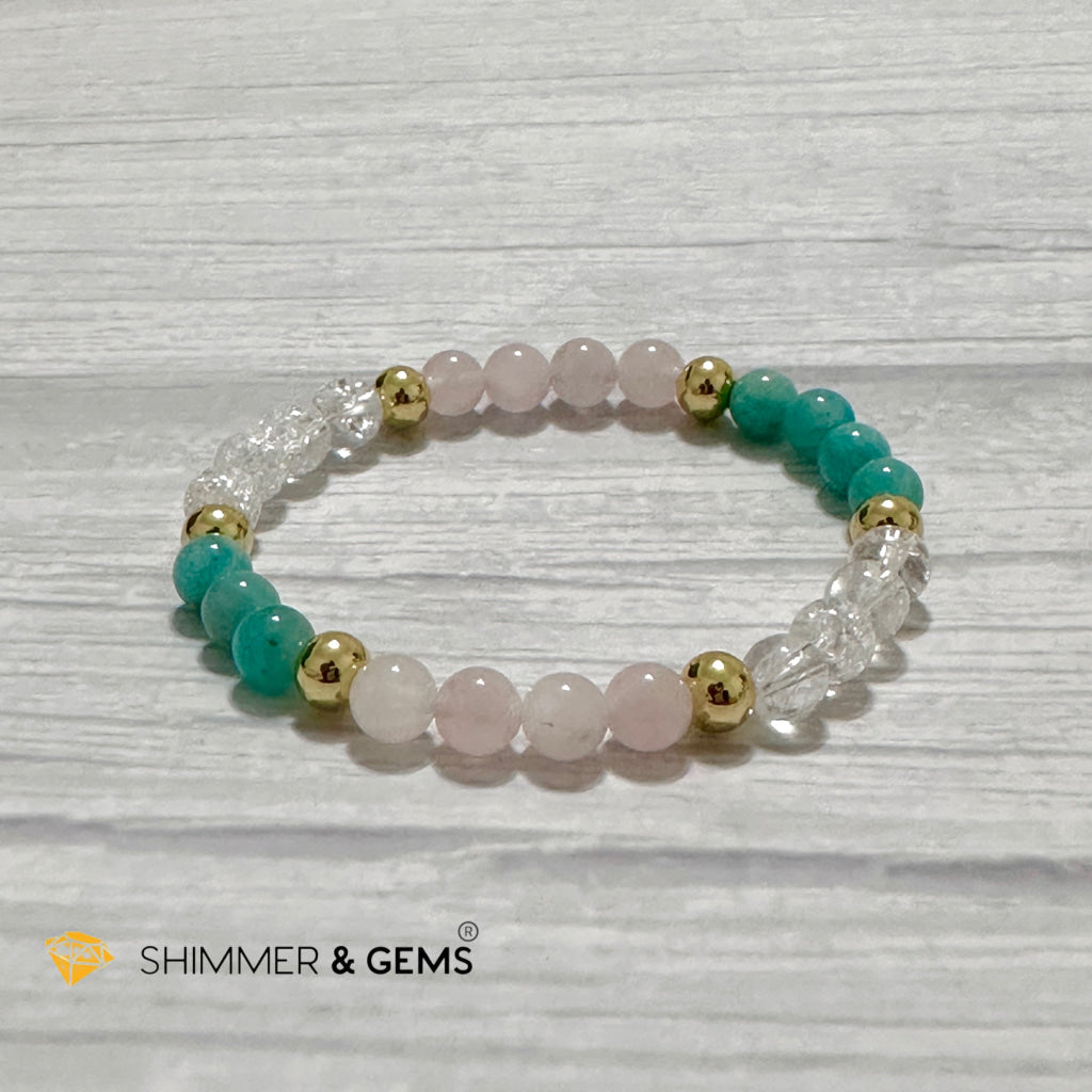 Emotional Healing Remedy Bracelet (Amazonite, Rose Quartz Madagascar, Crackle Quartz 6mm +14k gold filled)