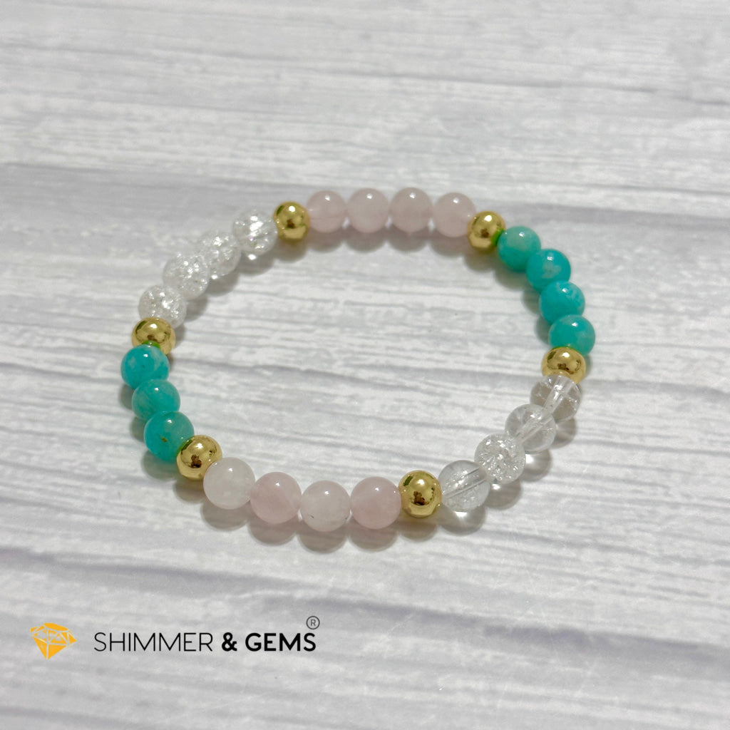 Emotional Healing Remedy Bracelet (Amazonite, Rose Quartz Madagascar, Crackle Quartz 6mm +14k gold filled)