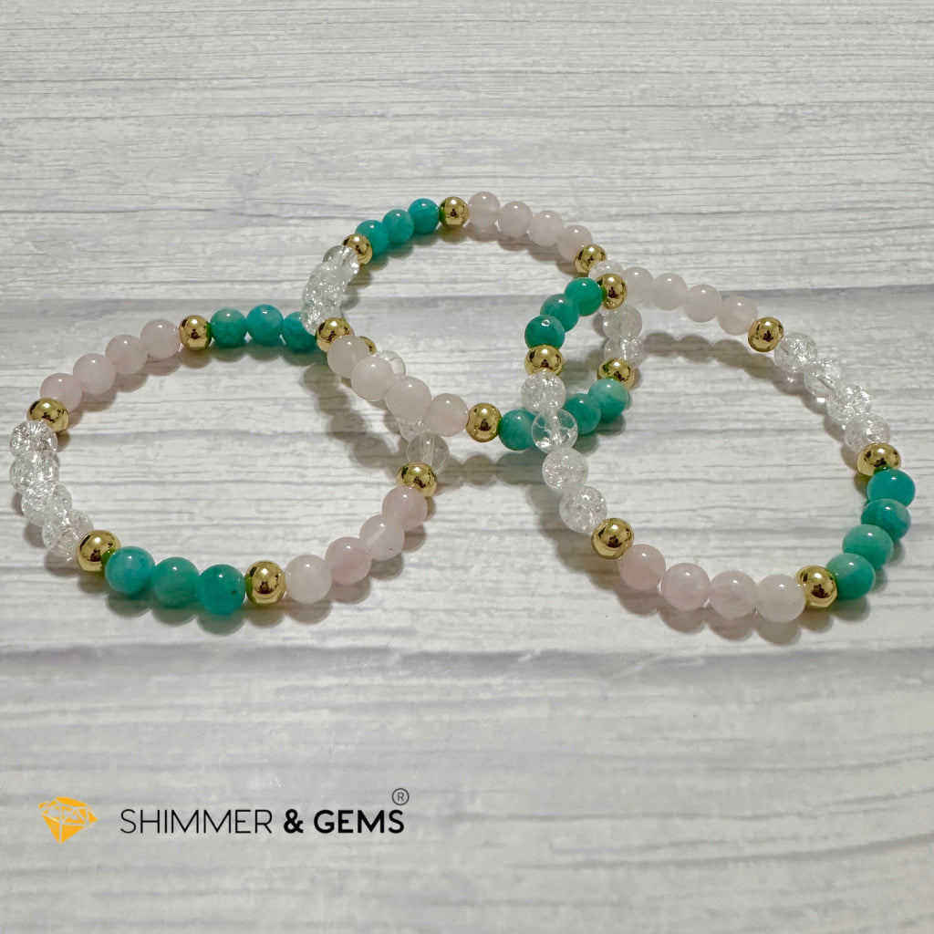 Emotional Healing Remedy Bracelet (Amazonite, Rose Quartz Madagascar, Crackle Quartz 6mm +14k gold filled)