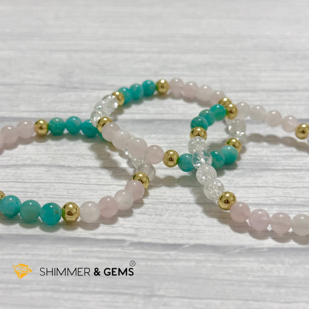 Emotional Healing Remedy Bracelet (Amazonite, Rose Quartz Madagascar, Crackle Quartz 6mm +14k gold filled)