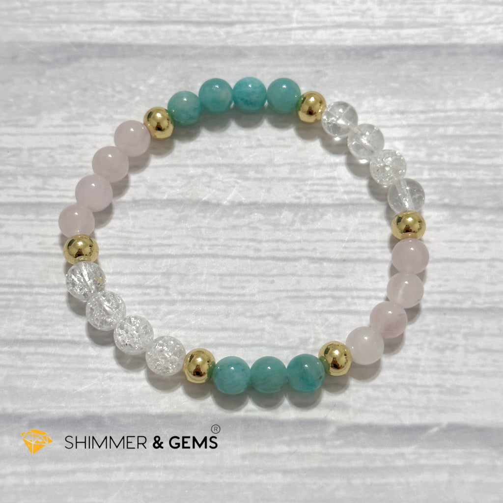 Emotional Healing Remedy Bracelet (Amazonite, Rose Quartz Madagascar, Crackle Quartz 6mm +14k gold filled)