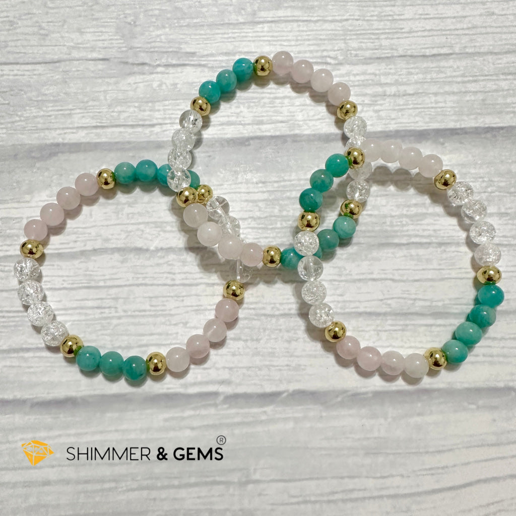 Emotional Healing Remedy Bracelet (Amazonite, Rose Quartz Madagascar, Crackle Quartz 6mm +14k gold filled)