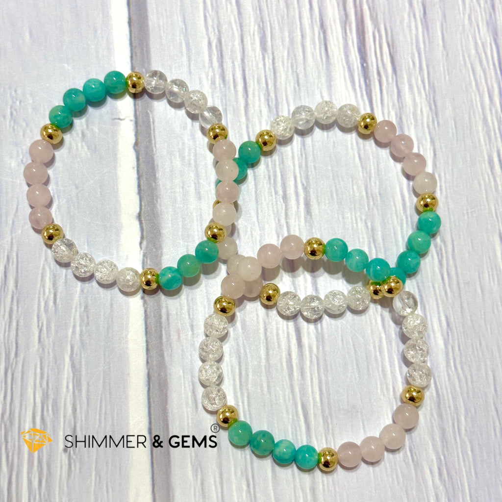 Emotional Healing Remedy Bracelet (Amazonite, Rose Quartz Madagascar, Crackle Quartz 6mm +14k gold filled)