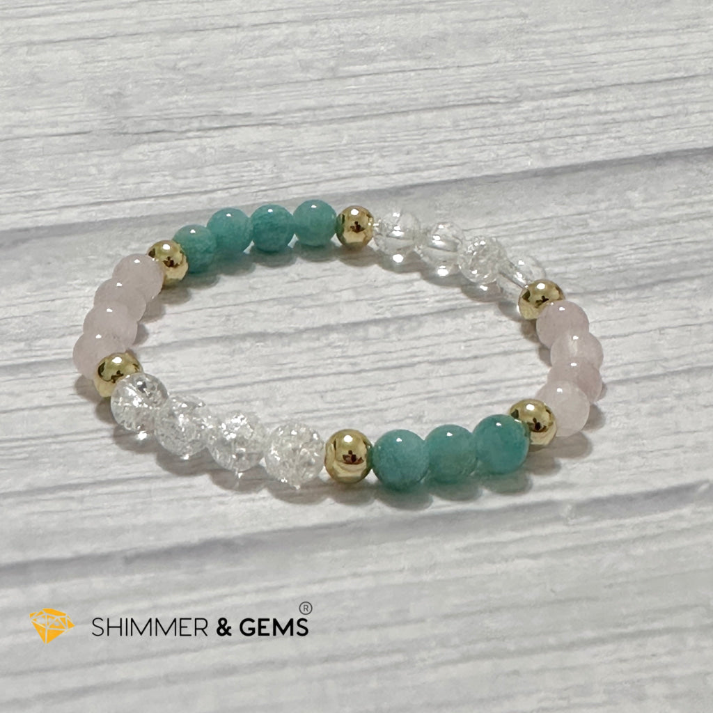 Emotional Healing Remedy Bracelet (Amazonite, Rose Quartz Madagascar, Crackle Quartz 6mm +14k gold filled)