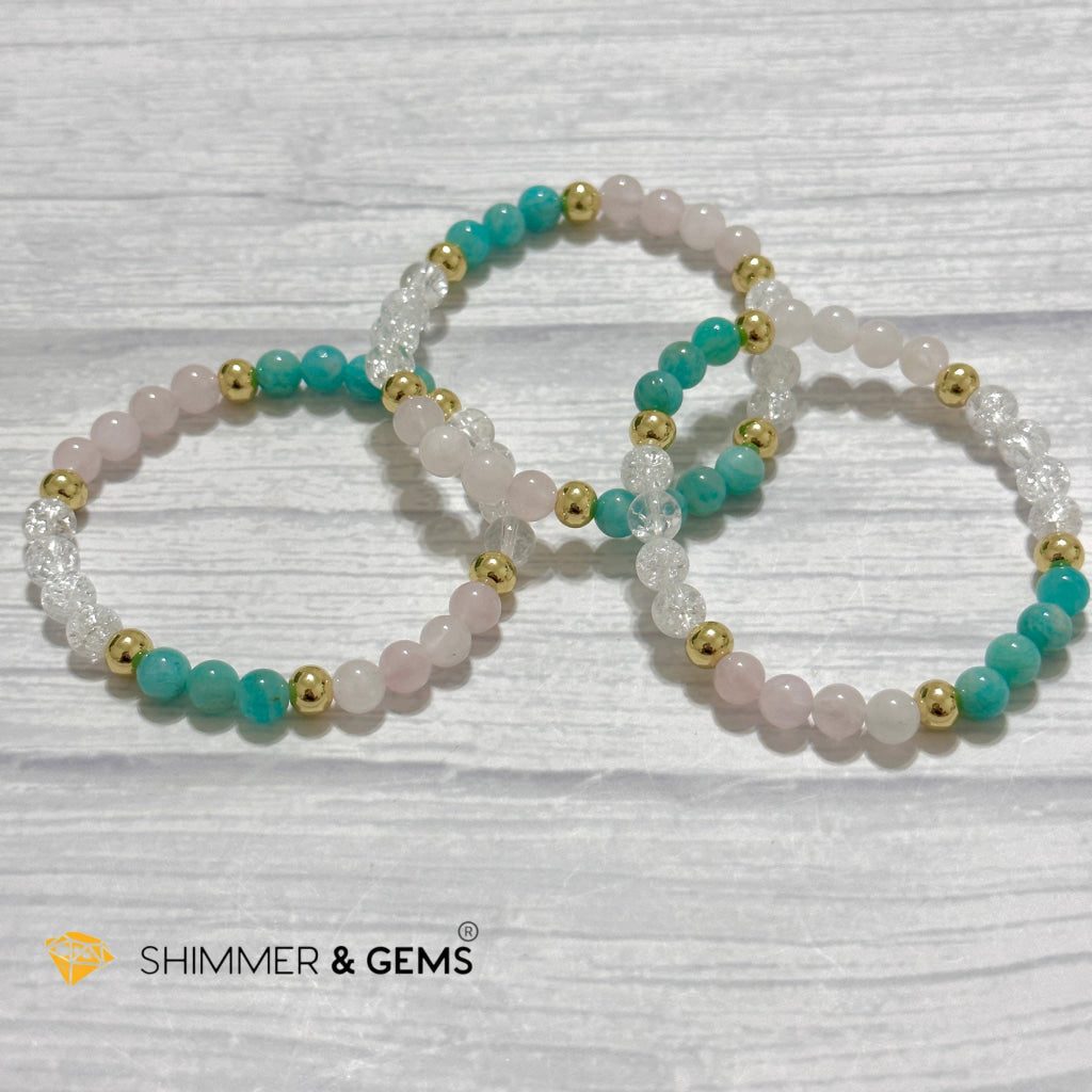 Emotional Healing Remedy Bracelet (Amazonite, Rose Quartz Madagascar, Crackle Quartz 6mm +14k gold filled)