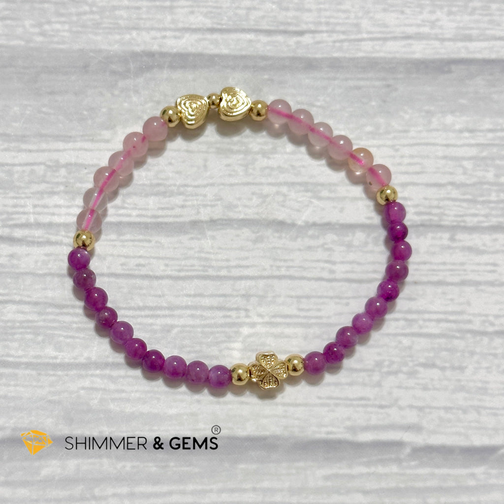 Enchanting Love Remedy Bracelet (Ruby, Rose Quartz 4mm with Clover & Twin Hearts 14k gold plated copper charms)