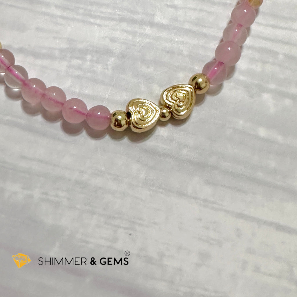 Enchanting Love Remedy Bracelet (Ruby, Rose Quartz 4mm with Clover & Twin Hearts 14k gold plated copper charms)