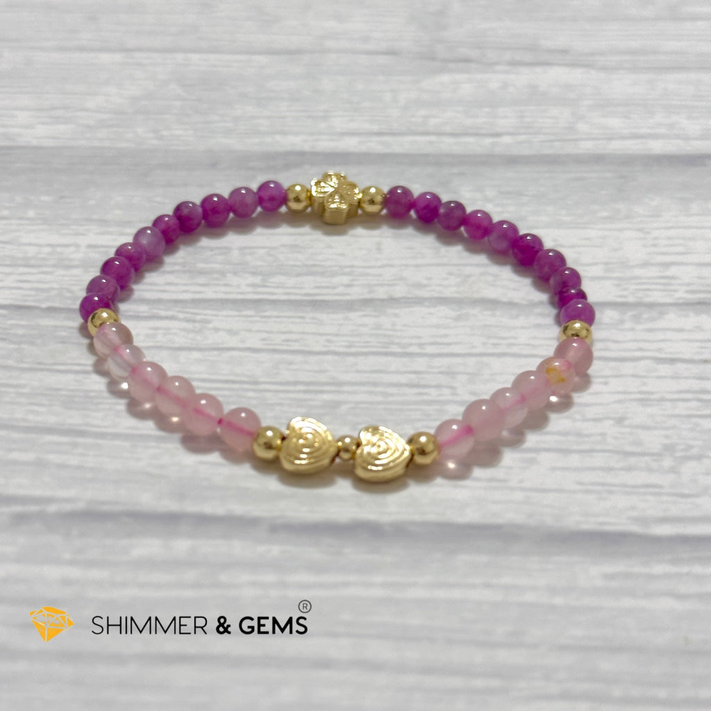 Enchanting Love Remedy Bracelet (Ruby, Rose Quartz 4mm with Clover & Twin Hearts 14k gold plated copper charms)