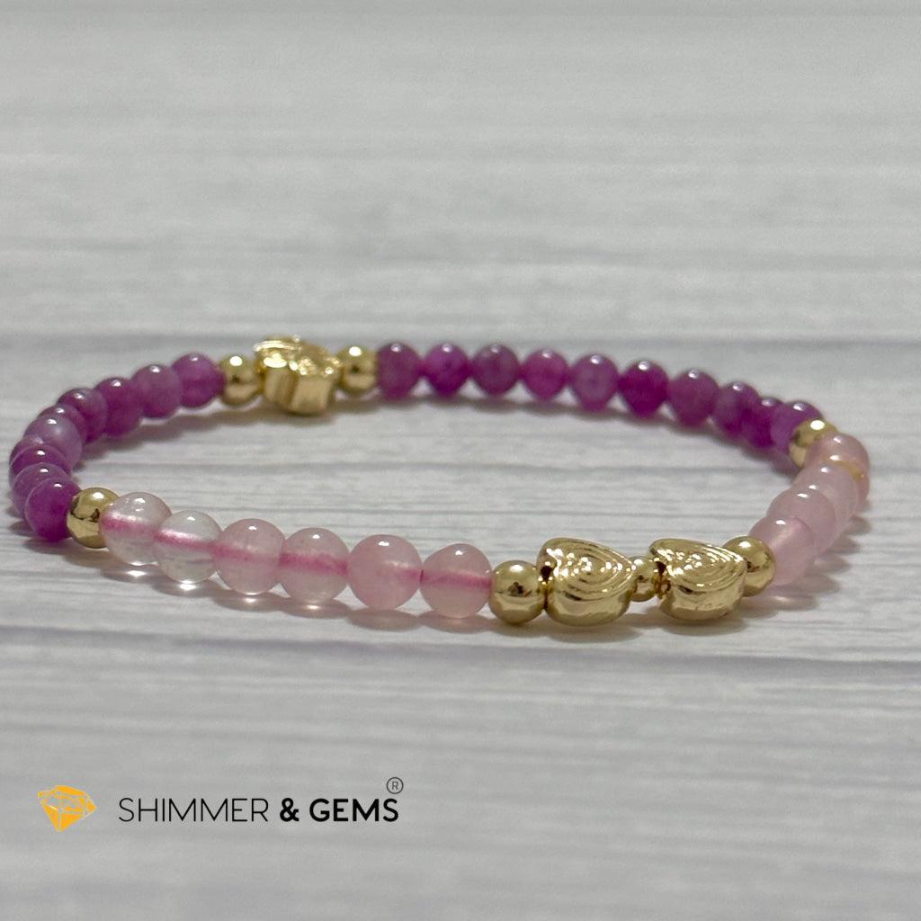 Enchanting Love Remedy Bracelet (Ruby, Rose Quartz 4mm with Clover & Twin Hearts 14k gold plated copper charms)