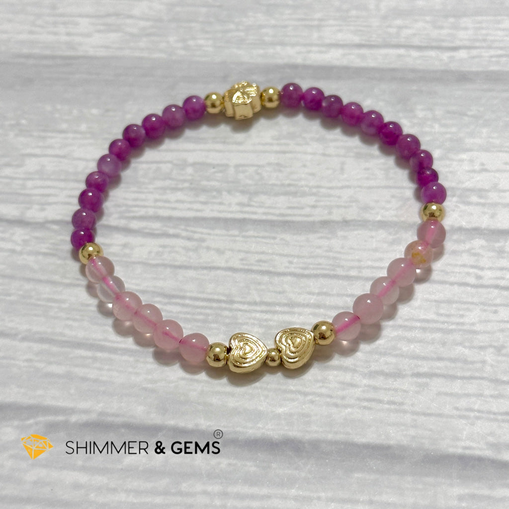 Enchanting Love Remedy Bracelet (Ruby, Rose Quartz 4mm with Clover & Twin Hearts 14k gold plated copper charms)