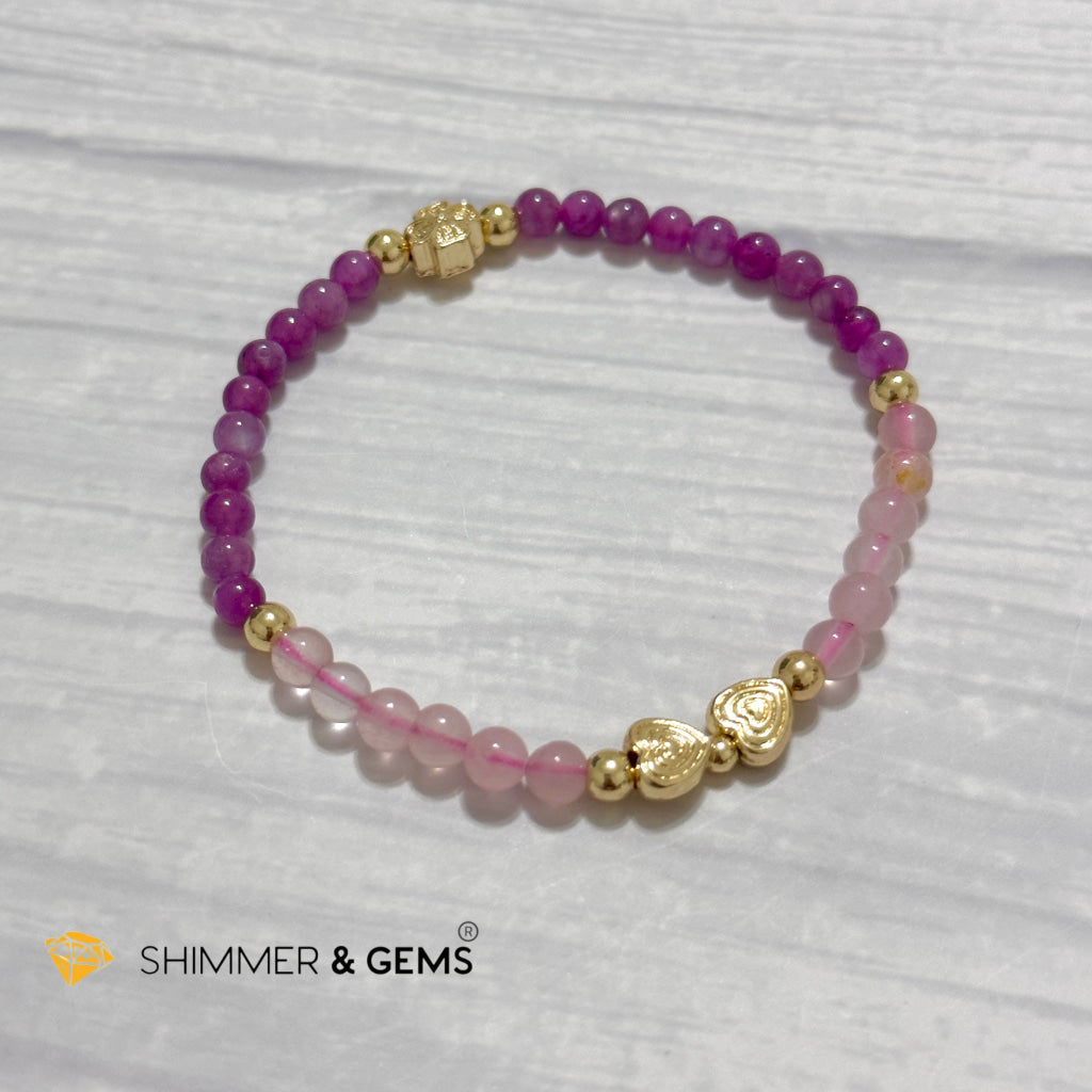 Enchanting Love Remedy Bracelet (Ruby, Rose Quartz 4mm with Clover & Twin Hearts 14k gold plated copper charms)