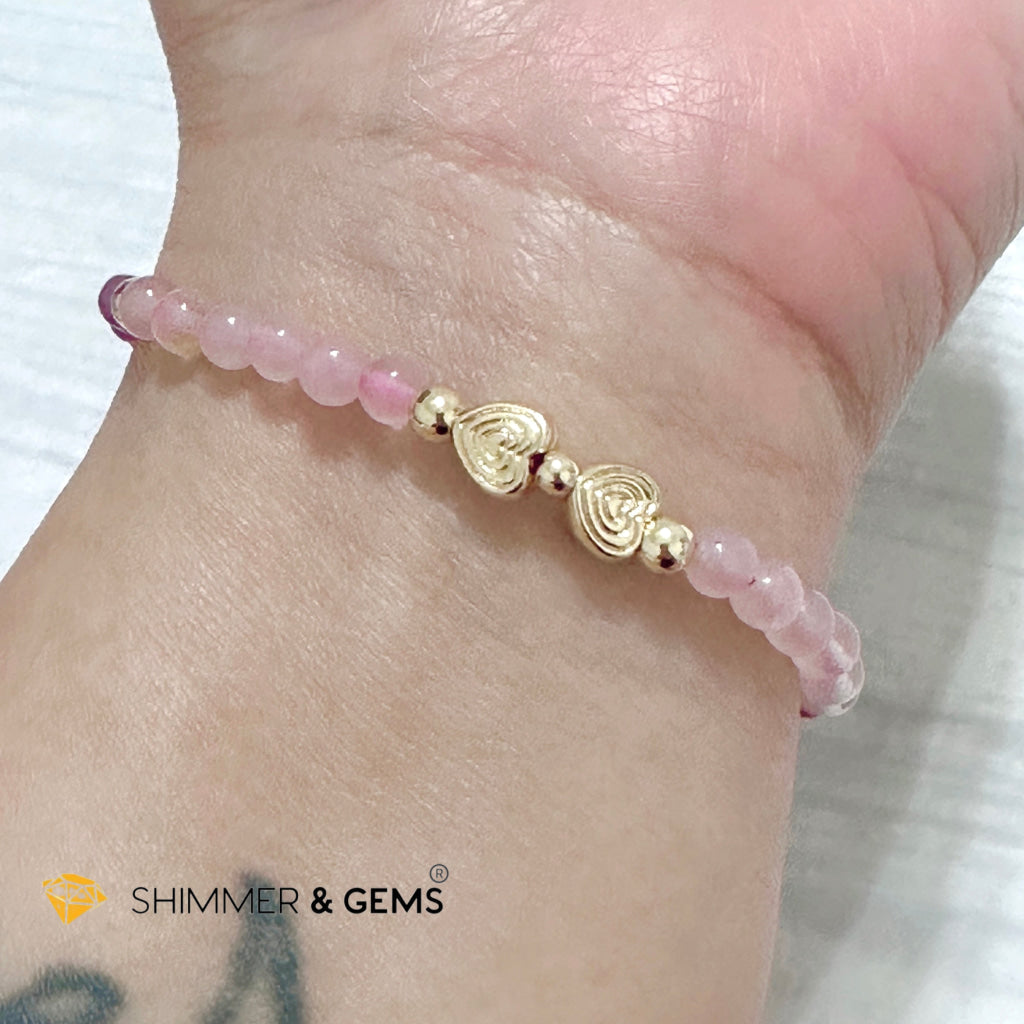 Enchanting Love Remedy Bracelet (Ruby, Rose Quartz 4mm with Clover & Twin Hearts 14k gold plated copper charms)